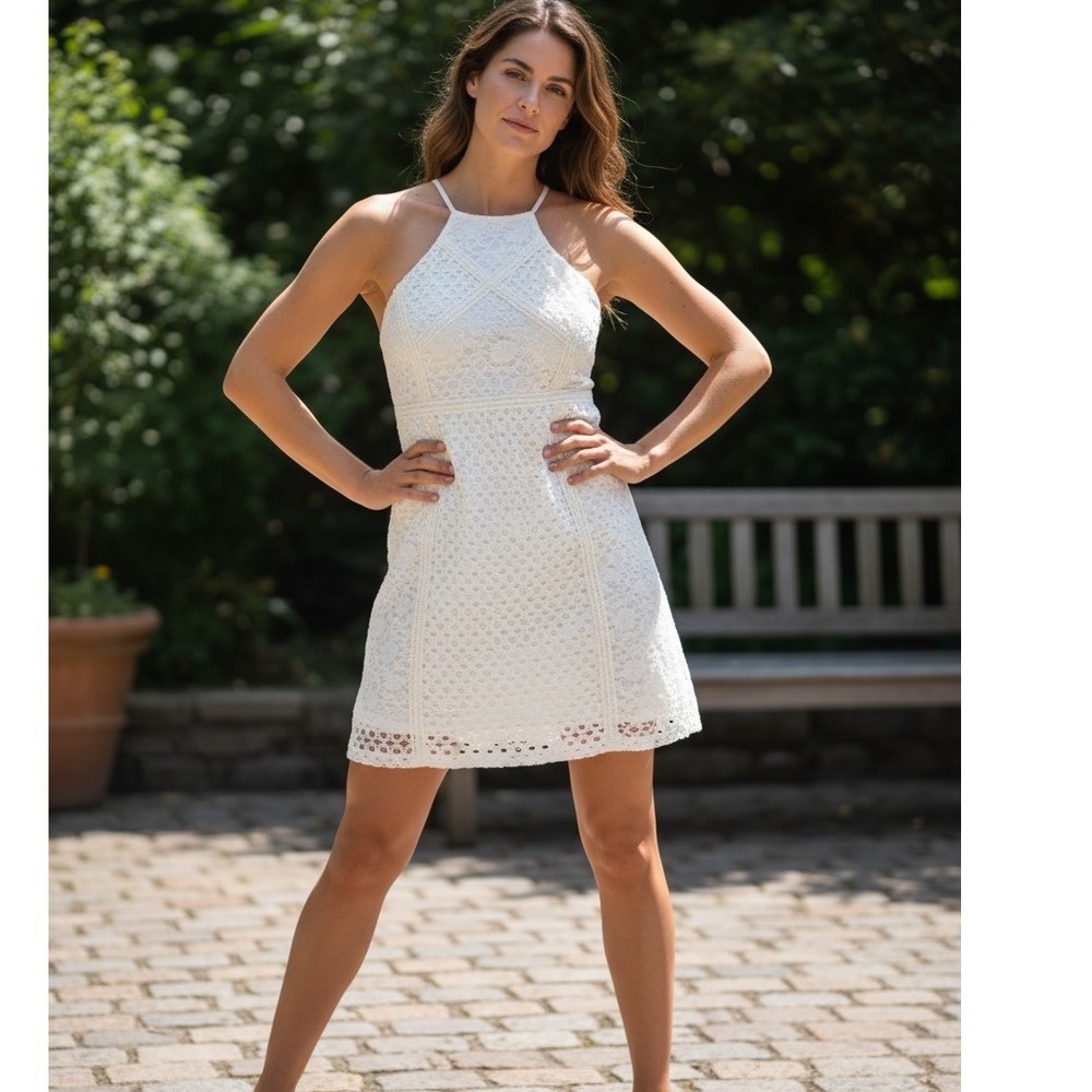 Bebe White Lace Halter Mini Dress Eyelet Coquette Cottagecore Wedding Graduation - Picture 11 of 12